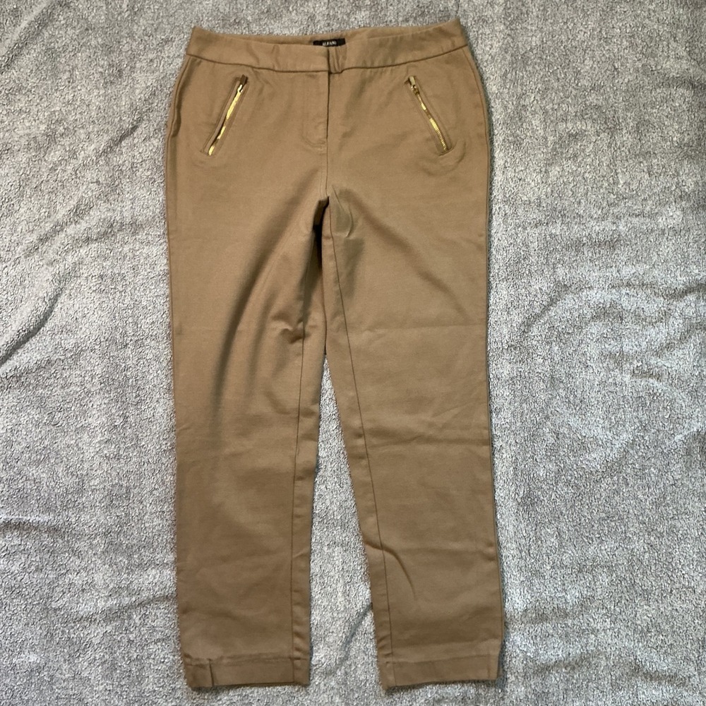 Alfani Womens Tan Khaki Stretch Slim Leg Dress Pants Gold Zipper Accent Size 10